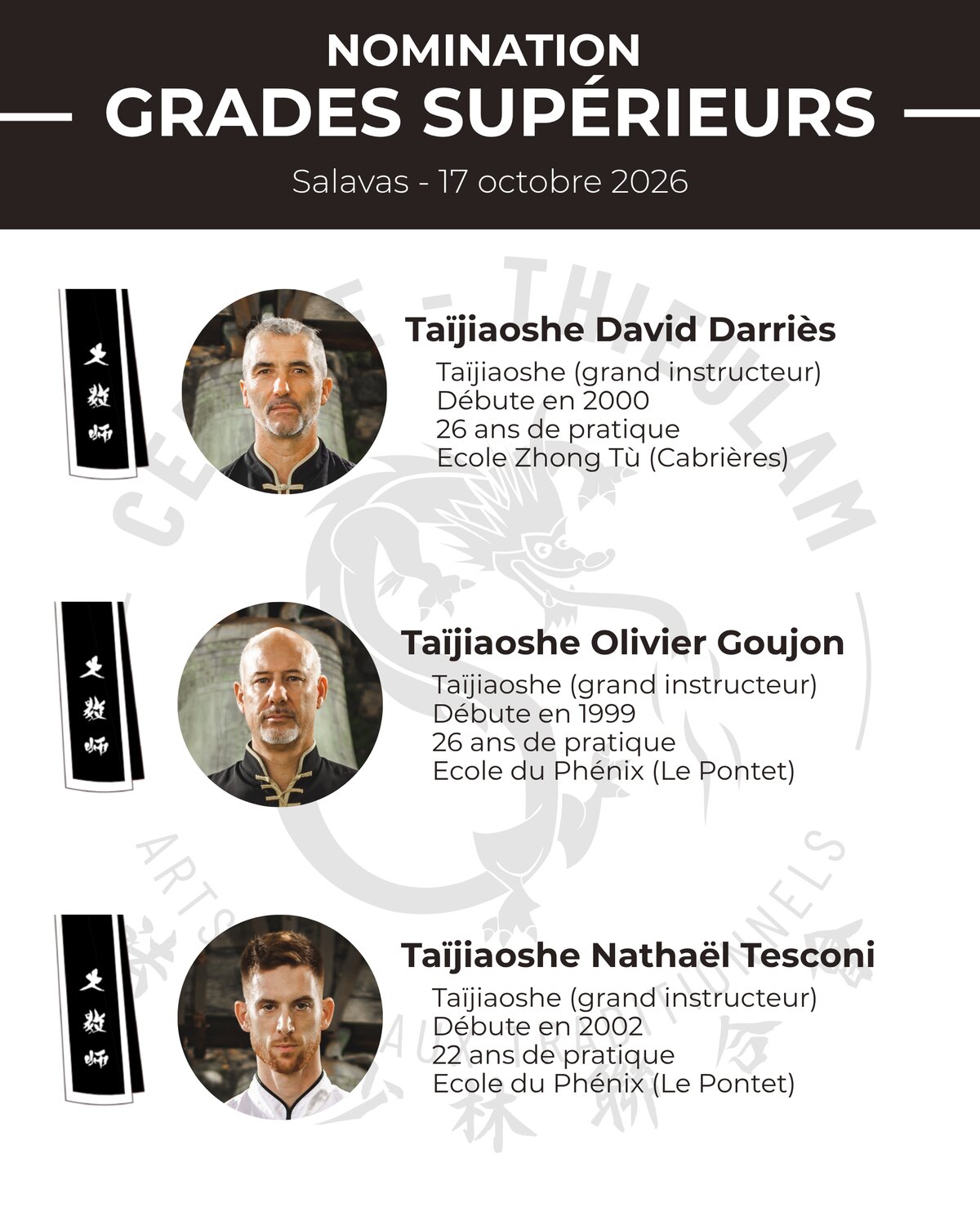 Nomination grades supérieurs — Taïjiaoshe D. Darriès, O. Goujon, N. Tesconi