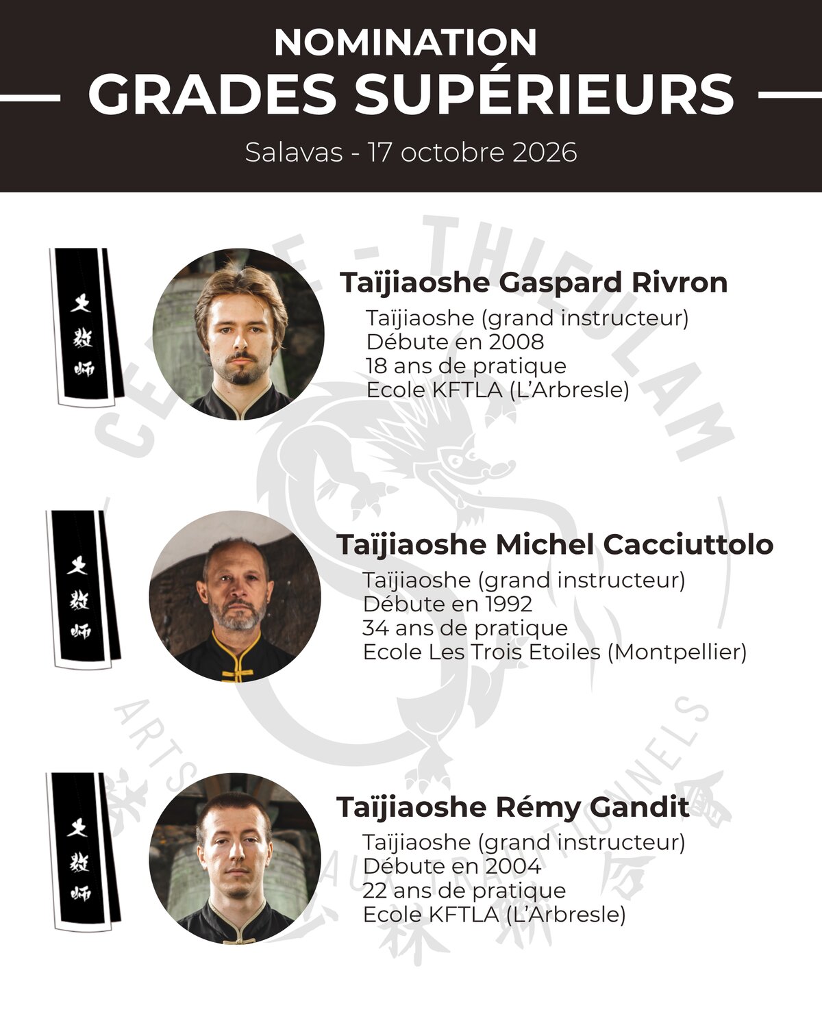 Nomination grades supérieurs — Taïjiaoshe G. Rivron, M. Cacciuttolo, R. Gandit
